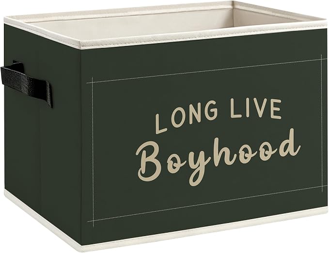 Boy Nursery Foldable Storage Bins Box with Handles, Long Live Boyhood Dark Green Minimalist Decorative Storage Boxes Baskets Toybox Organizer for Kids Boys Nursery Room Bedroom Playroom