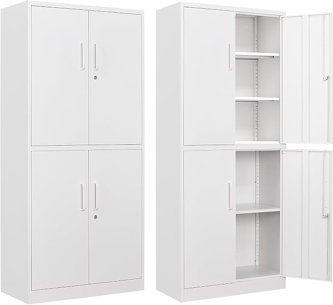 Metal Storage Cabinet with Lock Door, Adjustable Shelf Steel Cabinets for Office, Home,Pantry,Kitchen,Garage Utility Cabinet (4 Door-White)