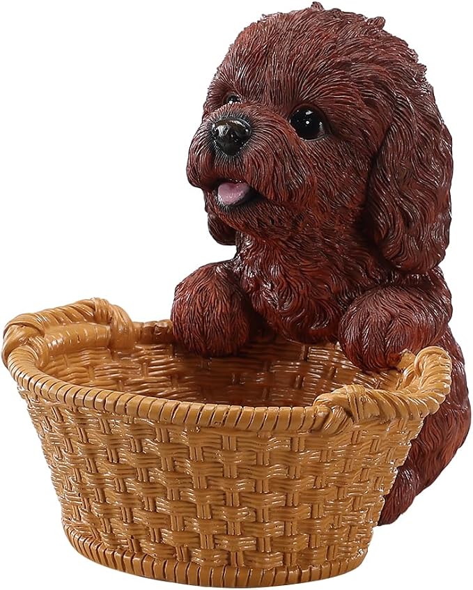 Red Brown Poodle Candy Bowl, Resin Dog Figurine Key Bowl for Entryway Table, Desktop Storage Basket Organizer for Desk, Unique Dog Lover Gift