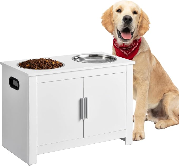 VEVOR Elevated Pet Bowls with Storage Cabinet, Feeding Station with 2 Raised Bowls, Wooden Stand with Handles & Magnetic Doors, Pet Feeder & Toy Organizer, White