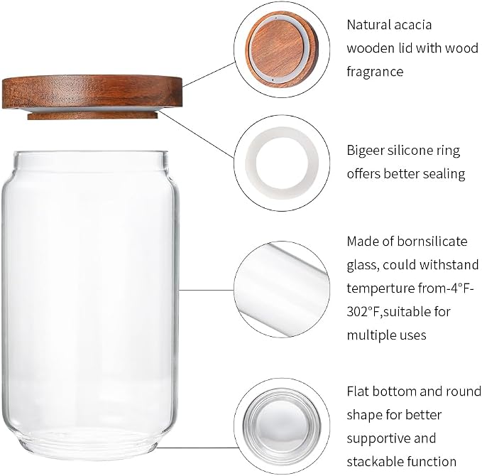 Glass Storage Jars with Wood Lids 25 Oz | Ktichen Food Containers Airtight Canisters for Coffee Beans/Sugar/Nuts