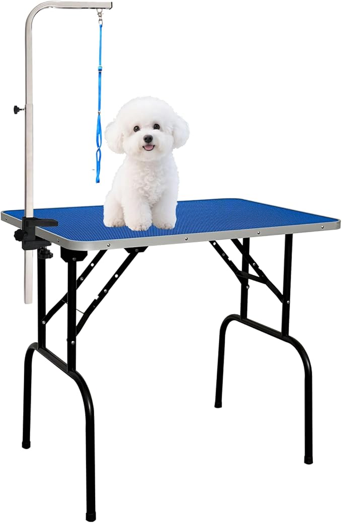 30-inch Foldable Dog Grooming Table - Heavy Duty Iron Pet Grooming Station with Adjustable Arm & Noose, Portable Non-Slip for Small Medium Dogs & Cats, Home & Salon Use - Blue