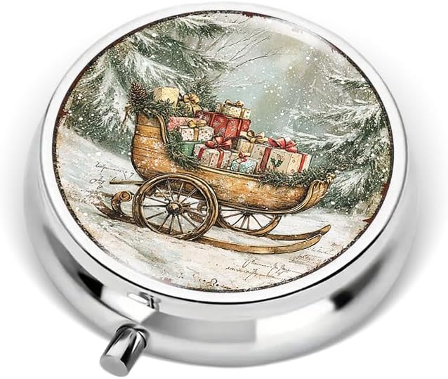 Portable Round 3 Compartment Metal Pill Box Christmas Sled with Gifts Ideal for Kitchen Office Travel or Daily Medication Use