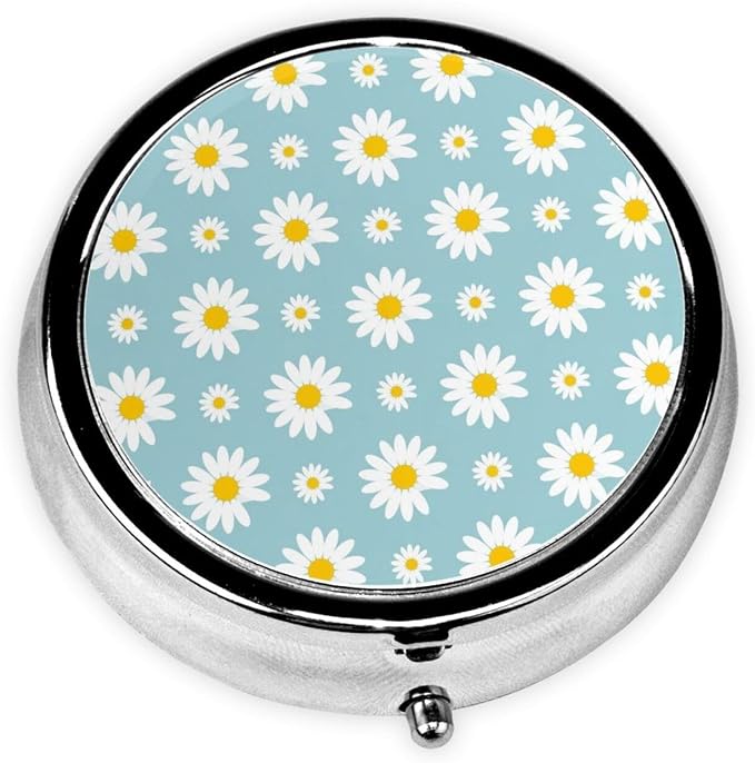 Travel Pill Organizer, Small Round Case with Mirror, Portable Pill Box for Fish Oil Vitamins, Pocket Purse Carry for Commuters, Floral Daisy Flowers Purple