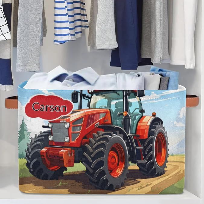 Personalized Name Storage Basket with Handles, Canvas Storage Bins Toys Clothes Organizer for Bedroom, Kitchen, Bathroom, Nursery, Shelves, Closets, Rural Farm Tractor