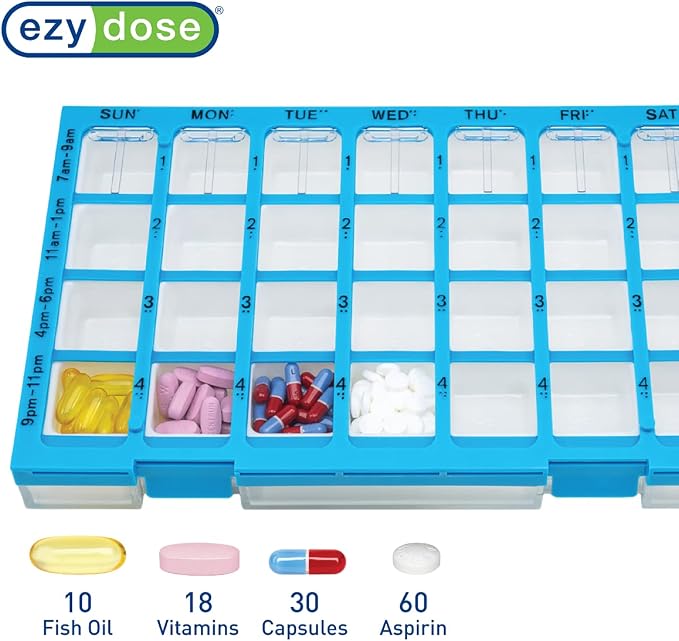 EZY DOSE Weekly AM/PM (7-Day) Daily Practidose Pill Planner, Medicine Case, Vitamin and Supplement Organizer, Large Easy Fill Compartments, 4 Times a Day, 28 Compartments, Clear Lids, Blue, BPA Free
