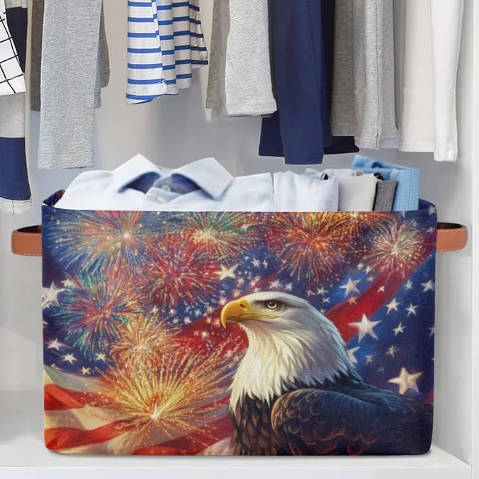 USA Flag Eagle Storage Baskets with Handles Fabric Storage Boxes Collapsible Nursery Basket for Shelves Book Cloth Closet Organizer Bins 15 X 11 X 9.5 IN
