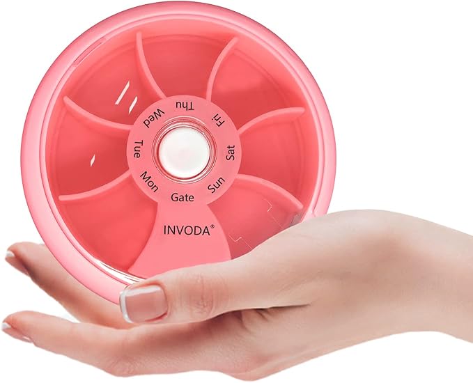 INVODA Weekly Pill Organizer 7 Compartment Rotating Pill Box for Daily | Cute Round Pill Organizer Fit purse pocket or backpack Portable Travel Pill Case for Fish Oil Supplements Vitamins Medication