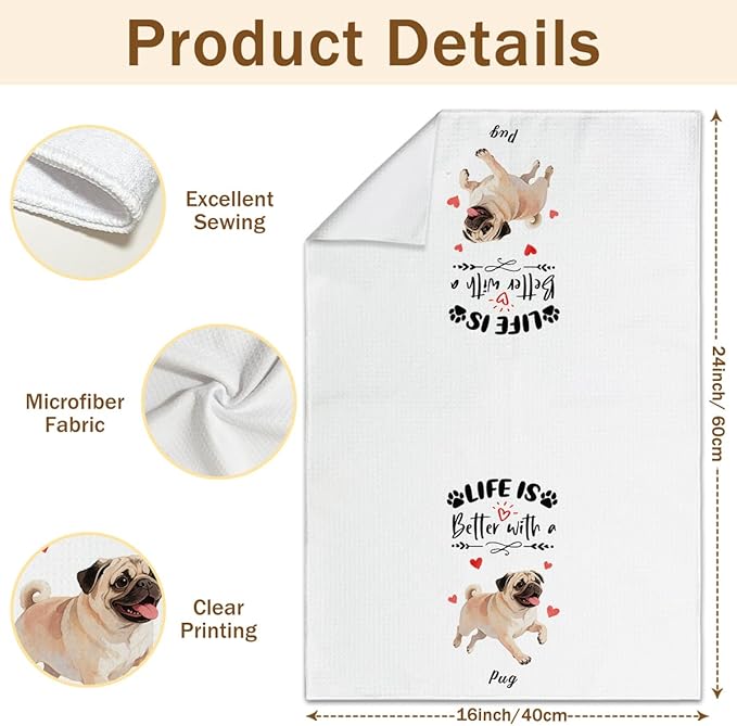 WwongxianB Pug Kitchen Towels Decorative Set of 2, Funny Tea Towel Hand Towels Highly Absorbent Soft Dish Cloths 16x24 Inches, Bathroom Dining Room Decor, Pug Gifts for Dog Lovers -12