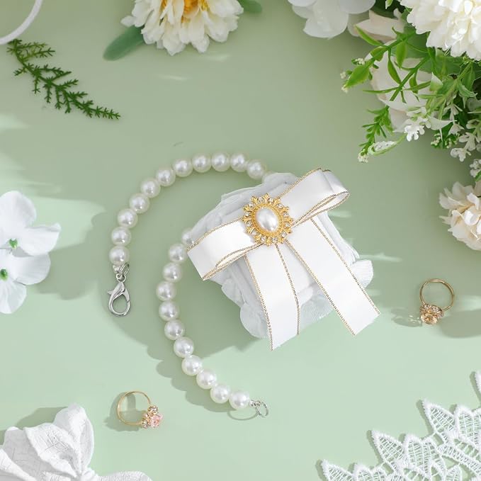 UKCOCO Dog Ring Bearer Collar with Box – 11.8" Pearl Ring Holder, Velvet-Lined Secure Clasp, Lace & Pearl Wedding Prop for Small Dogs & Cats
