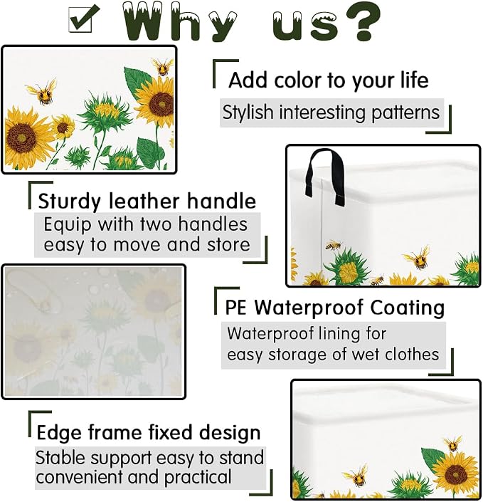 FXOLCSHE Rectangular Sunflower basket,Waterproof Canvas kids Laundry Nursery Hamper,Storage Baskets for Bedroom,Yellow Hamper,Gift Basketsr(Sunflower)