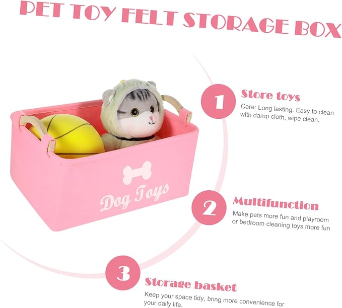 Zerodeko Pink Felt Dog Storage Bin with Handle Large Sundries Organizer for Pet Food Clothes Spacious Pet Holder Box to Keep Accessories Neat and Portable