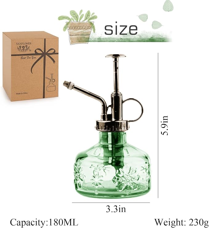 XXXFLOWER Glass Plant Mister Spray Bottle Green 180ml/6 oz | Mini Watering Can Indoor Plants Indoor Plant Mister Succulent Watering Bottle Tall Vintage Style with Bronze Plastic Top Pum