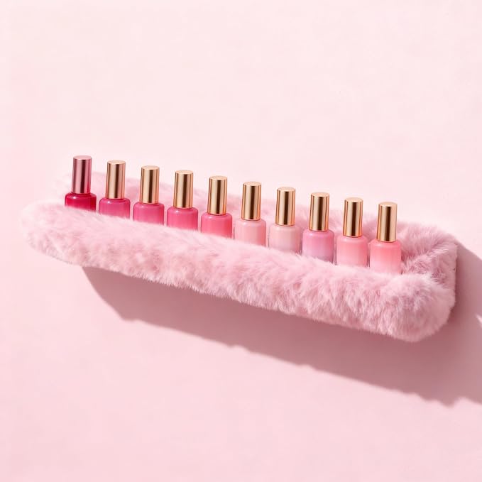 Nail Polish Wall Shelf - 15-Inch Furry Plush Display & Organizer Rack, Holds 60+ Polishes, Soft Ledge for Bedroom, Bathroom, Salon - Protects Bottles from Scratches，6 Pack Pink
