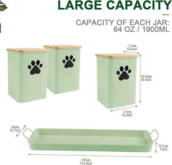 Set of 3 Metal Dog Treat Jars,60oz Airtight Dog Treat Container with Bamboo Lids,Cat Treat Canister,Puppy Cookie Container for Kitchen Counter,Coated Galvanized Steel-Green