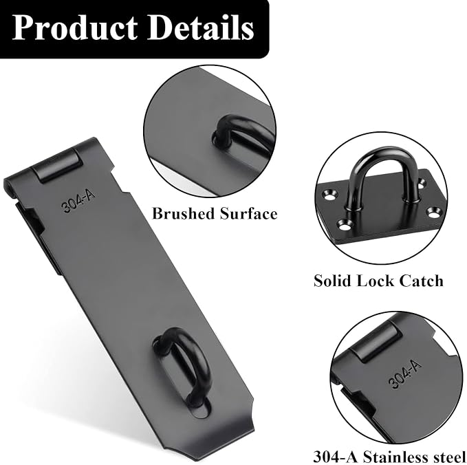 2 Pack 4 Inch Black Door Padlock Hasp, Stainless Steel Shed Gate Lock Latch, Heavy Duty Security Lock with Screws, for Cabinet, Pet Cage, Crate, Fence, Window, External Doors