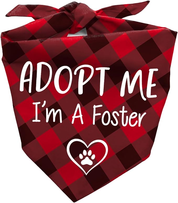I'm a Foster Dog Bandana, New Puppy Announcement Gifts, Rescue Adopted Puppy Reveal Party Photo Prop, Red Plaid Pet Scarf for Medium Large Dogs