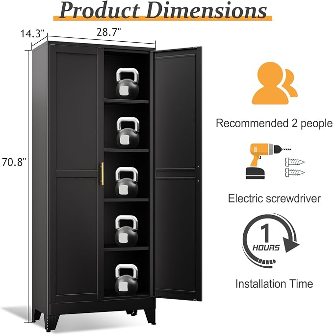 Black Pantry Storage Cabinet, 71" Metal Kitchen Pantry Storage | Steel Storage Cabinets with Doors and 4 Adjustable Shelves, Metal Storage Cabinet, for Office, Home, Garage, School