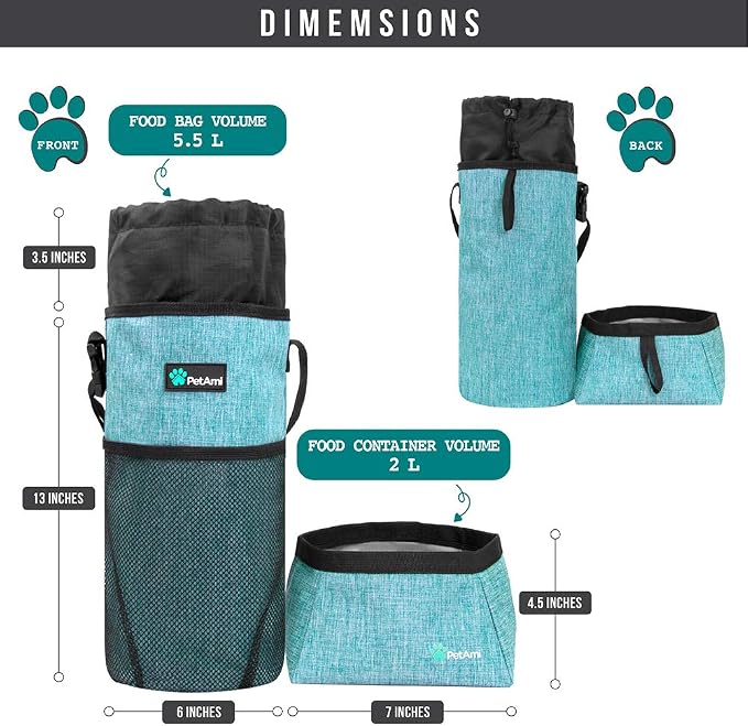 PetAmi Travel Dog Food Bag with 2 Collapsible Bowls Waterproof Dog Kibble Storage & Foldable Food Water Bowls for Dogs & Cats, Hiking & Camping (Sea Blue, Grey)