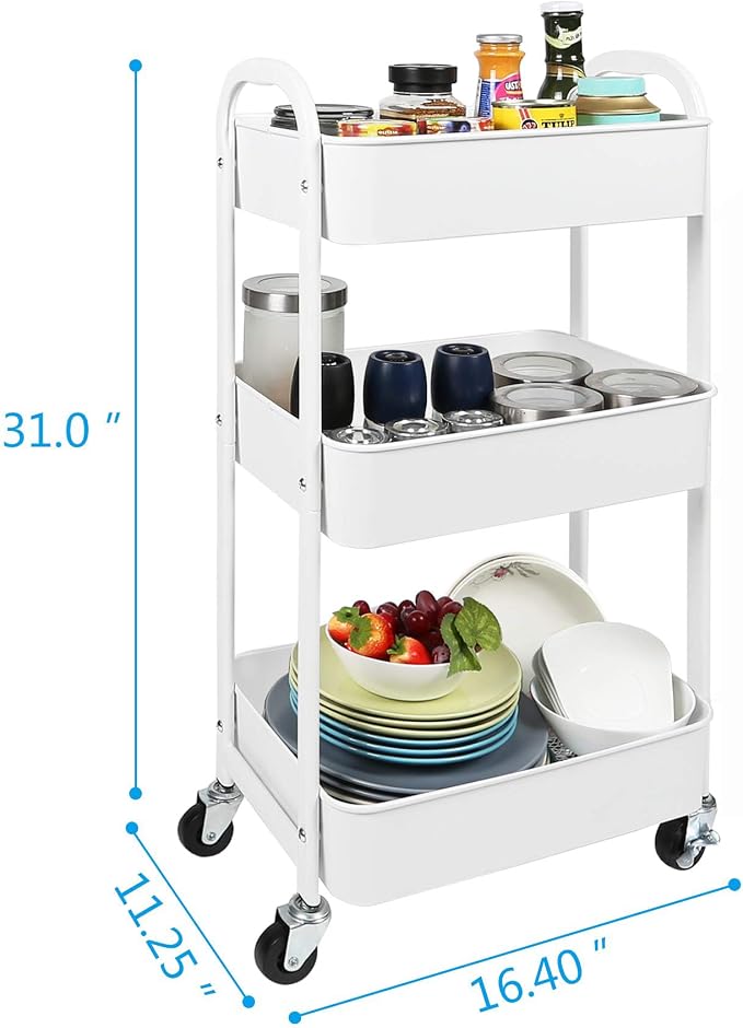 3-Tier Rolling Utility Cart with Caster Wheels,Easy Assembly, White | Easy Assembly, multi-purpose storage trolley for kitchen, rolling cart with smooth caster wheels for bathroom