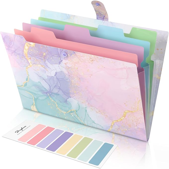 SKYDUE Expanding File Folder with 5 Pockets, Cute Accordion File Organizer, Letter Size Filing Folder, Letter Size Folders for Documents, School Office Supplies Marble Pink