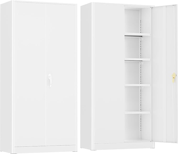 Crownland 72" Lockable Metal Storage Cabinet, Garage Storage Cabinets, High Office Cabinet with Adjustable Shelves for Garage, Home Office,Pantry, File(White)