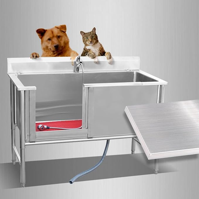 Sliding Door Dog Grooming Tub,Large Dog Bathtub Dog Bathing Station,Professional Stainless Steel Pet Dog Bath Tub,Pet Dog Grooming Bath Tub,Commercial Pet Grooming Tub Station for Home,Depth-40cm,