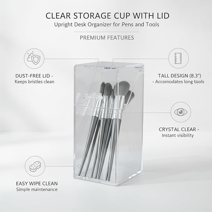 Clear PET Storage Cup with Lid for Pens and Tools, 8.3 Inch Tall Desktop Caddy (1 Count)