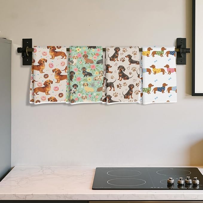 4 Pcs Cute Dachshund Kitchen Towels 24x14 Inch, Dachshund Gifts Reusable Dish Towels for Kitchen Bathroom Decor, Weiner Dog Floral Donuts Hand Cloth Tea Towel, Cute Dog Gifts for Women Mom Friend