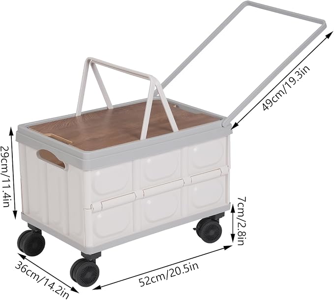 Foldable Crate Cart, 14.53 Gal Portable Wheeled Tote Basket Shopping Storage Trolley Case with 4 360° Rotatable Wheels & Long Handle Capacity 35 Kg/77.16 Lbs for Both Outdoor and Indoor (Grey)