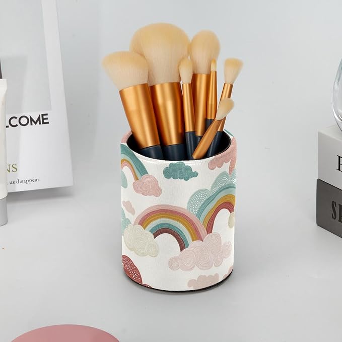Faux Leather Pen Holder for Desk, Pencil Organizer Rainbows and Clouds Pen Cup Desk Decor Makeup Brush Holder Storage for Office Home