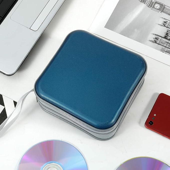 CD Case, 40 Capacity CD DVD Case Wallet Holder Portable Disc VCD Heavy Duty Binder Storage Organizer (Dark Blue)