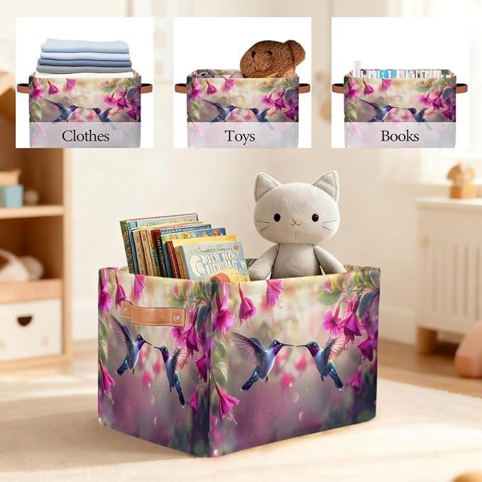Pardick Storage Baskets Bin, Spring Hummingbird Flower Collapsible Canvas Fabric Storage Bin Decorative Baskets Toy Organizer Rectangle Storage Boxes with handles for Home Shelves Nursery,Q-3