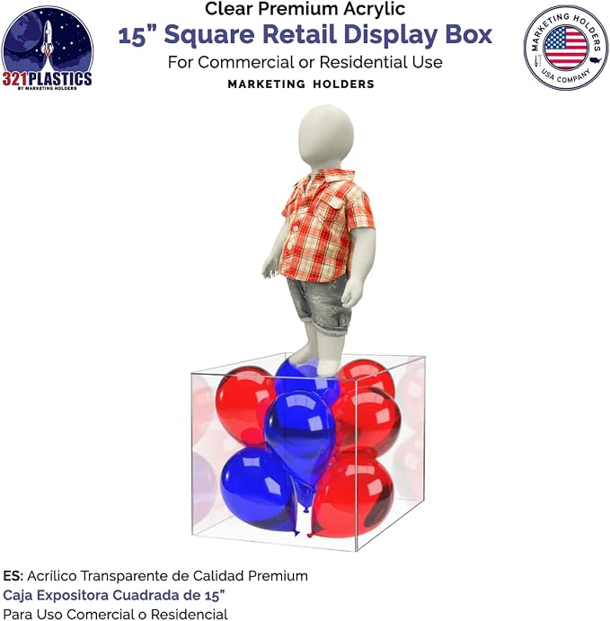 2 Pack 15" Acrylic Display Riser Box with One Open Side Versatile Clear No Lid One Piece Counter or Tabletop Merchandise Storage Bin or Retail Product Throne No Assembly by Marketing Holders