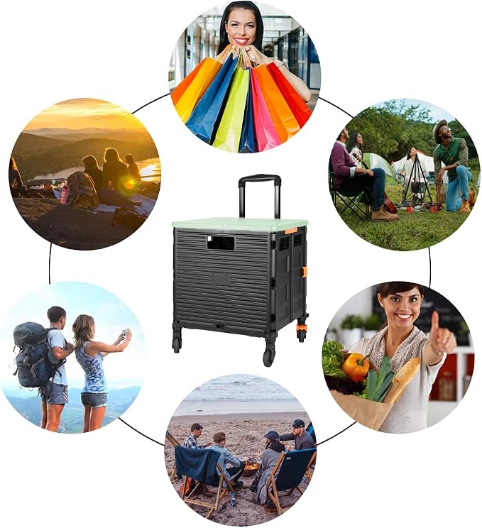 FELICON SELORSS Foldable Utility Cart Folding Portable Rolling Crate-Green | Heavy Duty,Telescoping Handle,4 Rotate Wheels,Collapsible Handcart for Travel Shop Move Luggage Laundry Teacher Office Use