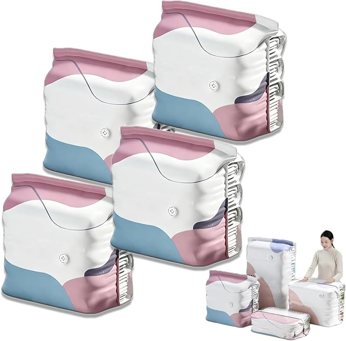 No‑pump Vacuum Storage Bags, Cube Compression Space Saver Bags, 3-Sec Fast Compression, No Pump Needed For Dorm And Home Organizing & Packing (4Pcs/M:19.7 × 27.6 × 11.8 in)