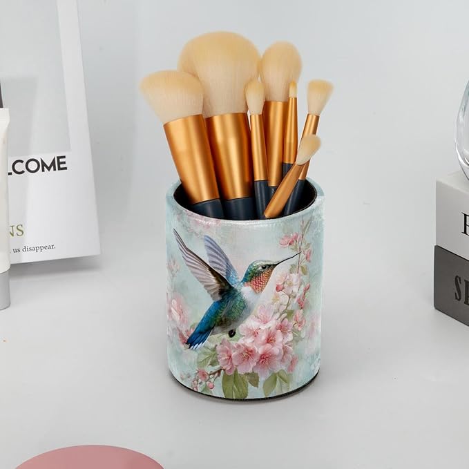 Faux Leather Pen Holder for Desk, Pencil Organizer Hummingbird Pen Cup Desk Decor Makeup Brush Holder Storage for Office Home
