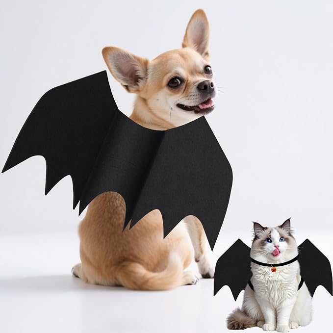 OLANRUN Cat Halloween Costume, Small Dog Halloween Costumes - Bat Wing with Pumpkin Bell for Pet Halloween Cosplay Party Dress Up Accessories (Large)