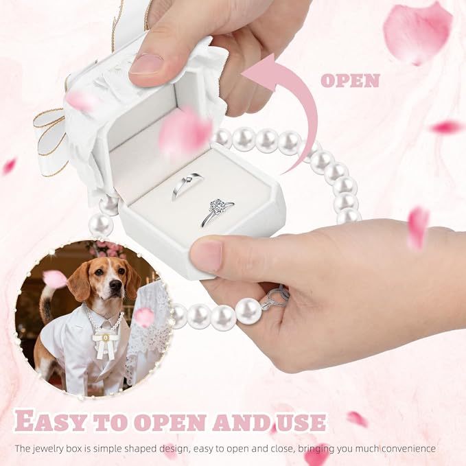UKCOCO Dog Ring Bearer Collar with Box – 11.8" Pearl Ring Holder, Velvet-Lined Secure Clasp, Lace & Pearl Wedding Prop for Small Dogs & Cats