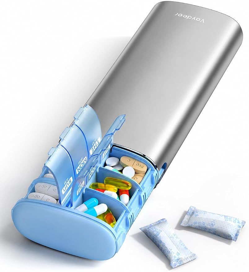 Vaydeer Metal 7 Day Travel Pill Organizer 2 Times a Day, Built-in Desiccant | AM PM weekly Travel Pill Case, Twice-Daily，Airtight Large Capacity Pill Box for Vitamins, Medication, Supplements & Fish Oil
