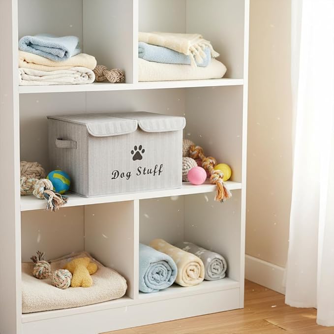 Morezi Dog toy box with lid storage organizer perfect basket for dog toys living room, playroom, closet, home organization and storage - Gray Stripe