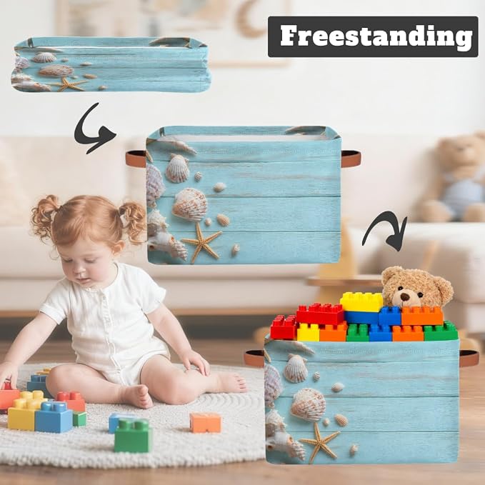 Pardick Storage Baskets Bin, Summer Wood Seashell Starfish Collapsible Canvas Fabric Storage Bin Decorative Baskets Toy Organizer Rectangle Storage Boxes with handles for Home Shelves Nursery,A-5