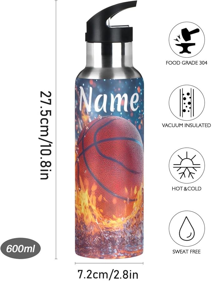 Custom Name Basketball Ball Fire Water Splash Water Bottle with Straw Lid Kids Insulated Stainless Steel Water Flask Sports, 20 Oz Hot Cold