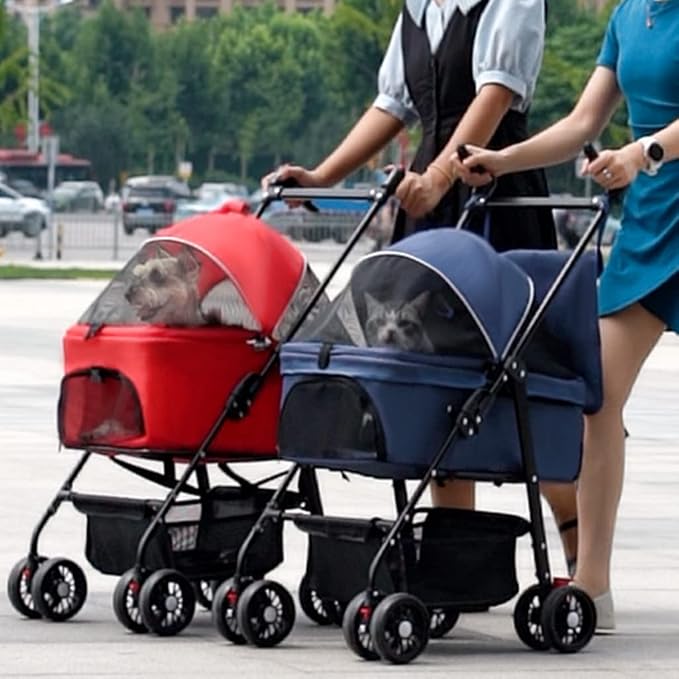 Foldable Pet Dog Stroller, Travel Dog Carrier with 4 Wheels Lightweight Dog Outing Accessories Cat Puppy Strolling Cart with Removable Liner & Storage Basket