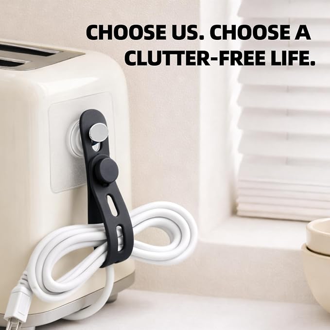 Cable Organizer - Give Every Cord a Home So It's Easy to Find and Grab | 12 Strong Adhesive Hooks + 12 Reusable Silicone Ties, No-Drill Setup for Desks, Kitchens & Thick Power Cords