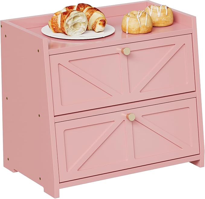Trironsun Vintage Double Layer Bread Box for Kitchen Counter Bamboo Bread Storage Container Large Capacity Bread Storage Bin (Pink)