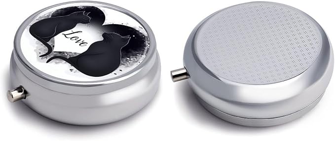 Loving Cats Metal Round Pill Box, 3 Compartment Travel Organizer, Portable Pill Container with Secure Latch, 2 Inch Circular Vitamin Caddy for Pills and Vitamins, Gift for Him Her Elderly
