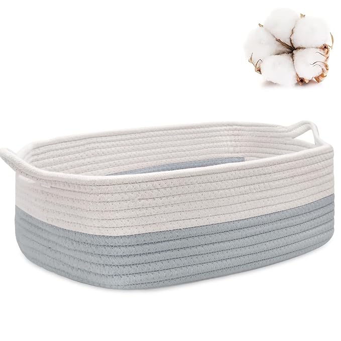 ABenkle Small Storage Basket with Handles, Cotton Rope Woven Dog Cat Toy Bin, Decorative Shelves Closet Organizing for Nursery Laundry Bedroom Bathroom, 14.2''x 11''x 5.1''