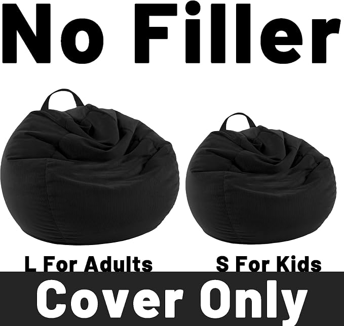 LPMOERA Stuffed Animal Storage Soft Bean Bag Chair Cover No Filler Black | Skin-Friendly,Portable,Wide Easy-Load Opening,Hidden Zipper,Decorative Organizer