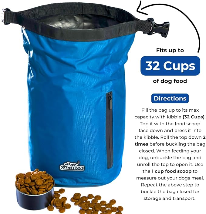 Callieco Dog Food Travel Bag w/ 1 Cup Scoop and Zipper Side Pocket | Waterproof Kibble Storage Container for Home, Road Trips, Camping, Boarding and More (Blue, 32 Cups)